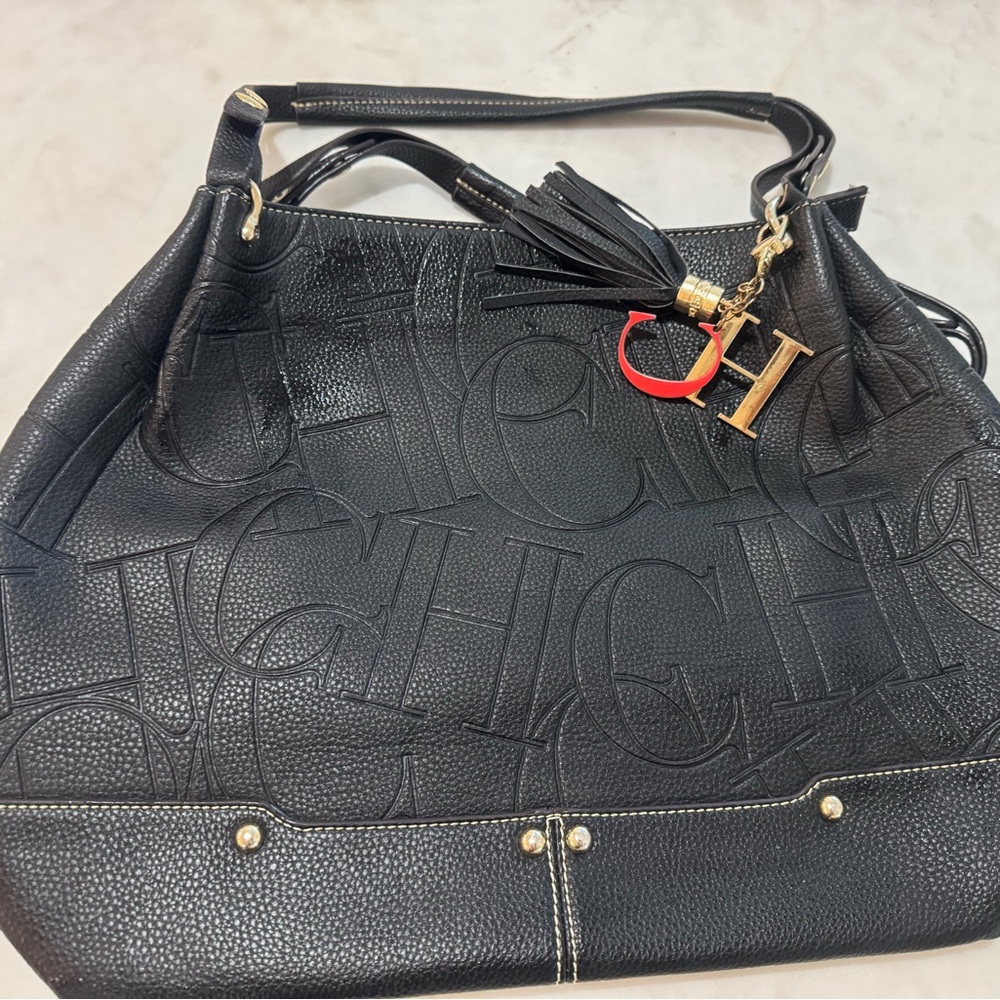 Carolina Herrera Black Embossed Leather Shoulder Bag with Gold Accents - Picture 2 of 3